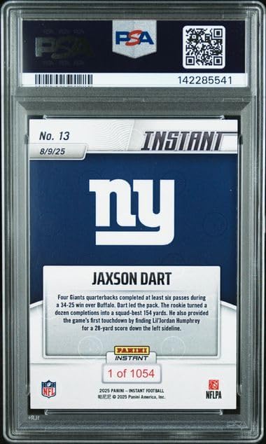 2025 Graded Psa 9 Mint Jaxson Dart Football Rookie Card #13 Debut Card Giants Starting Quarterback Only 1054 Produced