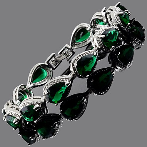 Rizilia Tennis Bracelet & Pear Cut Cz [Simulated Green Emerald] In White Gold Plated, 7" #TOP2
