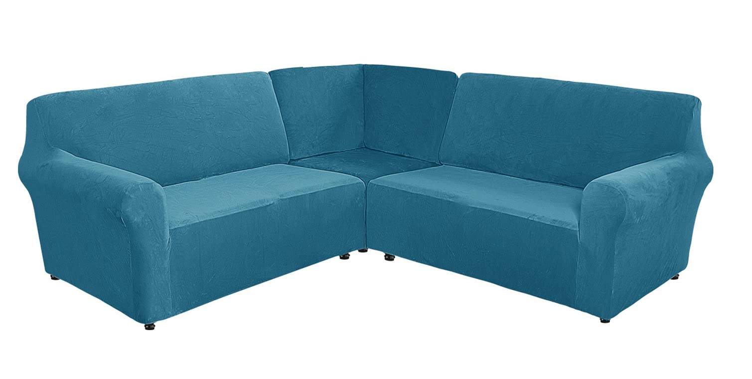 Velvet Corner Couch Covers, 3 Pieces Sofa Cover L Shape High Stretch 5 Seat Sofa Slipcover Soft Machine Washable Furniture Protector for 5 Seater Sofa -blue-1-One Size