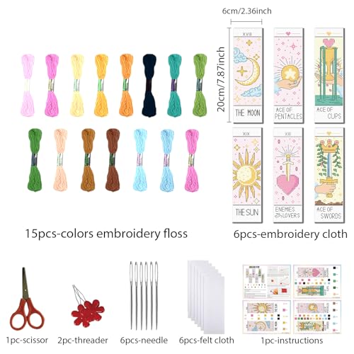 Image of FREEBLOSS 6 Set Cross Stitch Bookmark Kit Stamped Cross Stitch Kit Tarot Cards Theme Embroidery Set with Instruction for Adults 8''*2.4''