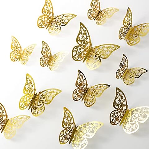 12 Pcs 3D Butterfly Wall Stickers Hollow 3 Sizes Butterfly Wall Decals Butterfly Cake Decorations Gold Butterflies for Cakes Butterfly Cupcake Topper Butterfly Wall Decor for Bedroom Birthday Wedding Cover