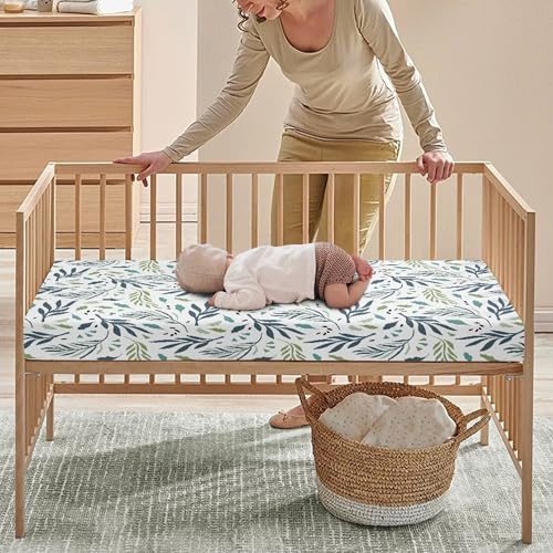 Image of Tropical Leaves Baby Crib Sheets for Boys Girls Leaf Fitted Crib Sheet for Standard Crib and Toddler Mattress Blue Green Baby Mattress Sheets Toddler Bed Sheet 52x28x8 in