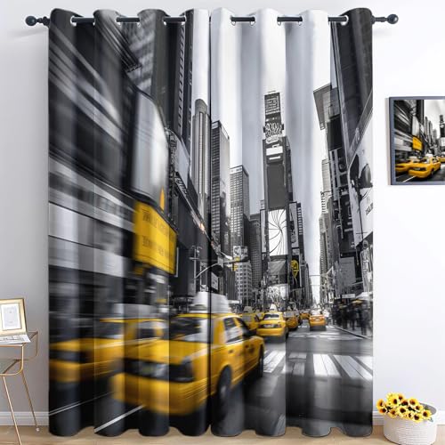 XCQHZYQ Taxi De New York Times Square Lot De 2 Rideaux Salon Chambre Occultants À Oeillets, Rideaux Isolant Thermique et Phonique Draperies Occultant,...