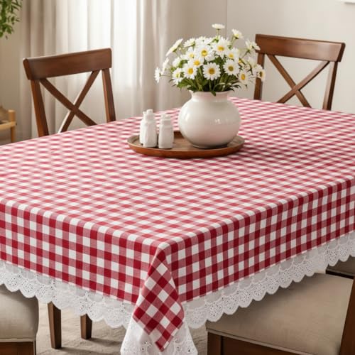 Image of Amazon Brand - Umi Cotton Tablecloth for 6-8 Seater Dining Table, Red and White Gingham Check Rectangular Table Cover with Lace Trim 4 Corners, Classic Picnic Farmhouse Style Washable Table Linen