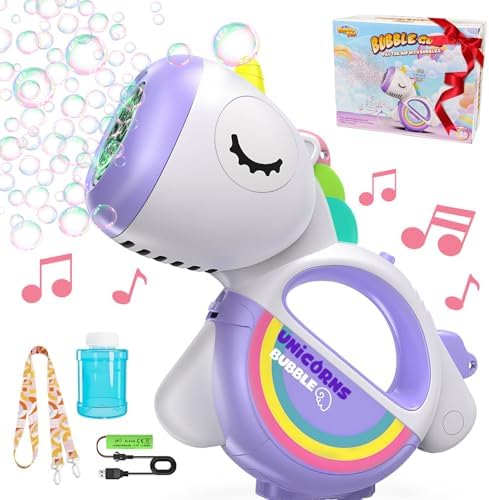 Rechargeable Bubble Machine for Kids, Portable 360°Leak Proof Auto Unicorn Bubble Machine Gun for Toddlers 1-3 Parties with Lights Music, Bubble Blower Gift for Boys Girls 4 5 6 7 8 Pet Purple