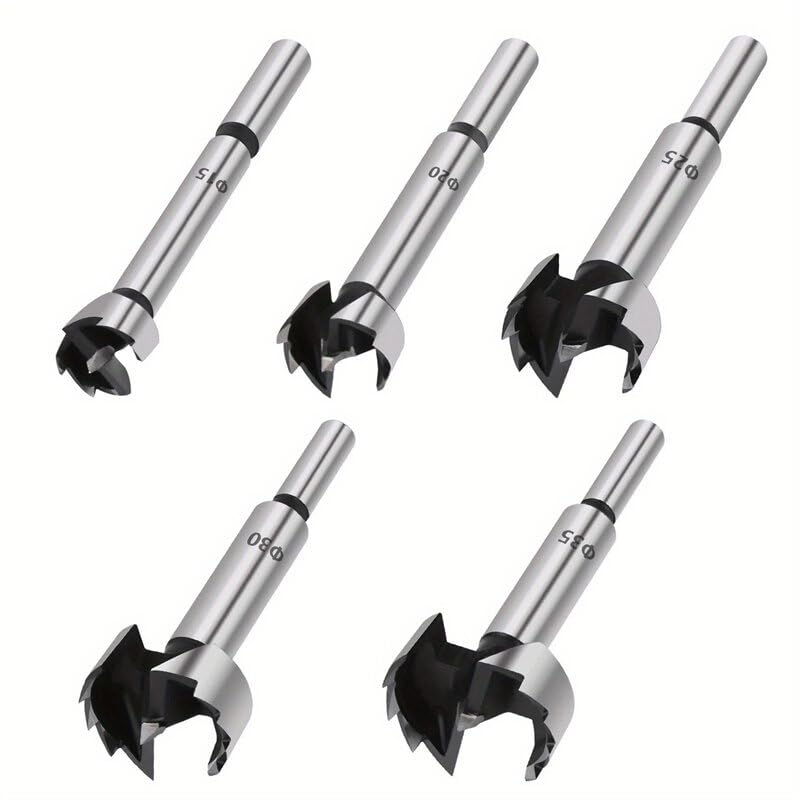 Forstner Drill Bit Set High Carbon Steel Tools 5pcs 15mm 20mm 25mm 30mm 35mm Self Centering Hole Saw for Wood Plastic Plywood Round Shank Precision Cutting (Type:#A)