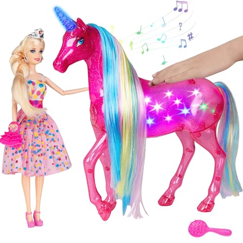 BETTINA My Dreamy Unicorn and Princess Doll Playset, Large Size Unicorn Toys with Magical Rainbow Lights & Realistic Horse Sounds, Ideal Unicorn Gifts Horse Play Set for Girls 3-9