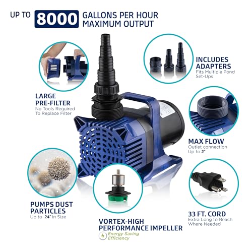 Alpine-Corporation-8000-GPH-Submersible-Water-Pump-with-33-FT-Cord-and-Adapters-for-Ponds-Fountains-Waterfalls-and-Water-Circulation-540-Watts-26-FT-Lift-Quiet-Operation-VerticalHorizontal Alpine Corporation 8000 GPH Submersible Water Pump with 33 FT Cord and Adapters for Ponds Fountains Waterfalls and Water Circulation 540 Watts 26 FT Lift Quiet Operation VerticalHorizontal