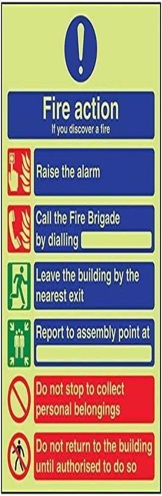 V Safety Glow In The Dark General 6 Message Fire Action Notice Sign - 200mm x 300mm - Rigid Plastic