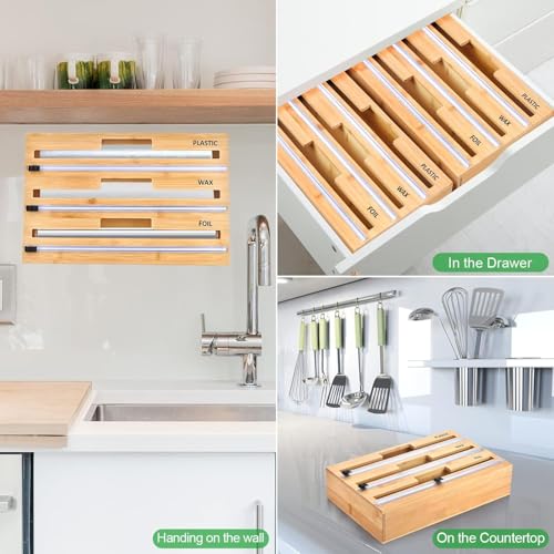 Image of DOCAT Foil Paper Cutter and Holder, 3 in 1 Aluminum Foil and Plastic Wrap Organizer for Drawer and Wall, Compatible with Cling Film, Tin Foil and Wax Paper (Bamboo)