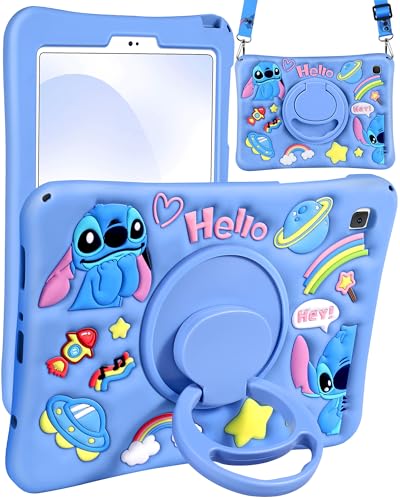 JoySolar for Samsung Galaxy Tab A7 Lite Case - Soft Silicone Cute Cartoon Tablet Case with Rotating Stand & Shoulder Strap, Shockproof Tablet case for Kids Boys Girls, Blue