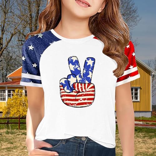 Girls 4th of July USA Shirt American Flag Patriotic Heart Print T-Shirt Independence Day Outfit for Kids3