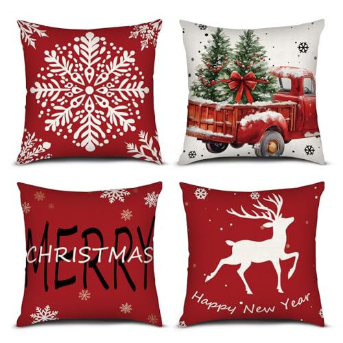 PICKFORU Red Christmas Throw Pillow Covers Set of 4, 18x18