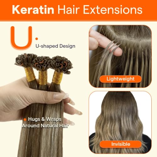Image of Full Shine K Tip Hair Extensions Real Human Hair 3 Medium Brown Ombre to 8 Ash Brown and 22 Honey Blonde U Tip Hair Extensions Human Hair 40 Grams 14 Inch Remy Hair for Women