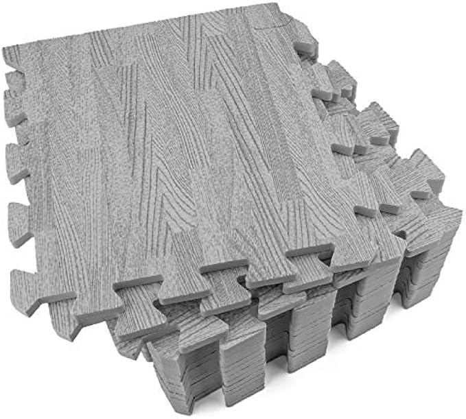Tebery 16 Pieces Printed Wood Grain Interlocking Floor Tiles 3/8-Inch Thick EVA Foam Grey Puzzle Floor Mat