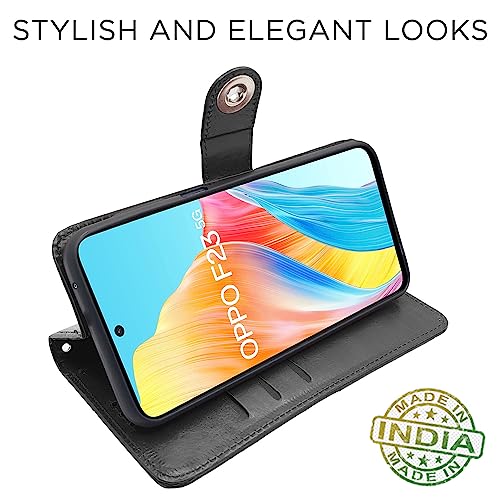 Image of Pikkme Oppo F23 5G Flip Cover Leather Finish | Inside TPU with Card Pockets | Wallet Stand and Shock Proof | Complete Protection Button Flip Case (Black)