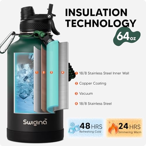 Image of Swigina Insulated Water Bottle with Silicone Boot (36hrs Cold /18hrs Hot) - DIY Stickers, [2-in-1 Lid], BPA Free, 64 oz