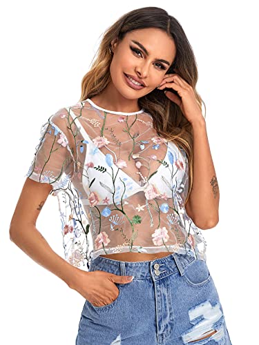 トップス SHEER FLOWER SHORT SLEEVE SHIRTS SweatyRocks Women Floral Sheer Mesh Crop Tops Sexy See