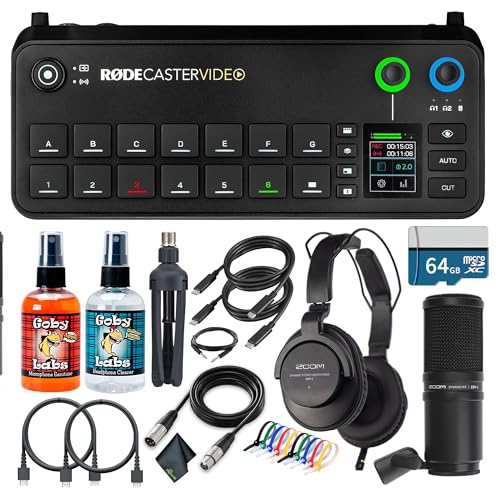 RODECaster Video All-in-One Production Console + Professional Studio Headphones + Podcast Microphone + 64GB Micro SD Memory Card + 2x USB-C + 1/4 TRS + 10 Foot XLR + 2x Video Cables + More (Bundle)