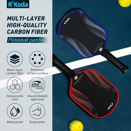 Image of Upgraded Pickleball Paddles Set of 2 or Single Paddle - R Koda USAPA Approved Fiberglass Surface / T700 Raw Carbon Fiber Pickleball Rackets Set for Men & Women