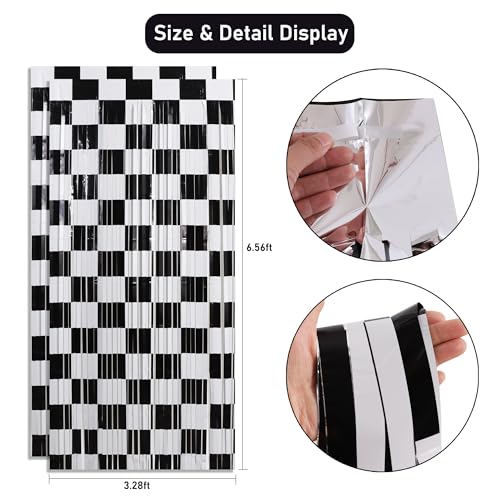 Image of TONIFUL 2 Packs Race Car Checkered Foil Fringe Curtains 3.3 x 6.6 ft | Black and White Metallic Tinsel Streamers Curtain Backdrop for Race Car Themed Birthday Sports Party Photo Booth Decorations
