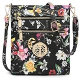 Dasein Women Small Crossbody Bag Lightweight Shoulder Purses Multi Zipper Pockets Phone Purse Handbag (black flower)