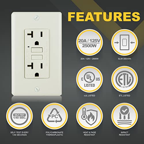 Faith 20A Gfci Outlet, Non-Tamper-Resistant Gfi Duplex Receptacles With Led Indicator, Self-Test Ground Fault Circuit Interrupter With Wall Plate, Etl Listed, Light Almond #TOP2