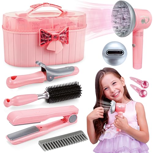 Toy Choi's Children's Pretend Play Hair Styling Salon Set with Hair Dryer, 10pcs Pink Princess Hairdressing Kit | Detachable Styling Tools & Storage Case | Kids Makeup Cosmetics Playset for Girls