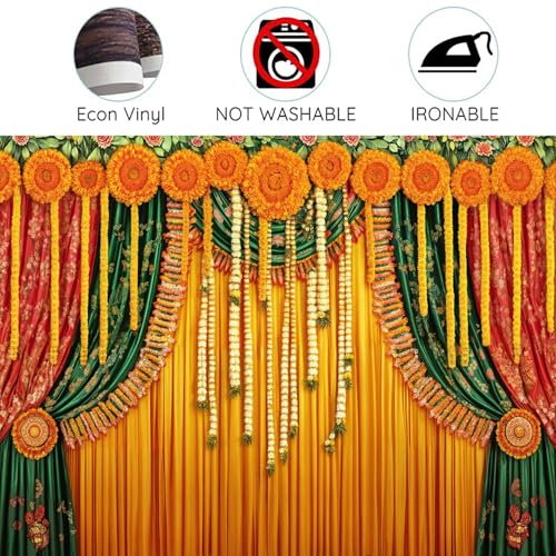 Image of 7X5ft Indian Pooja Backdrop Traditional Diwali Puja Ganpati Background Marigold Garland Drape for Wedding Party Religious Festival Decor Photo Booth Studio Props