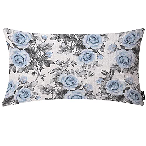 Ekobla Blue Flowers And Leaves Decorative Throw Pillow Case Watercolor Floral Pattern Ink Painting Waist Lumbar Pillow Covers Cotton Linen Cushion Cover For Sofa Couch 12X20 Inches #TOP22