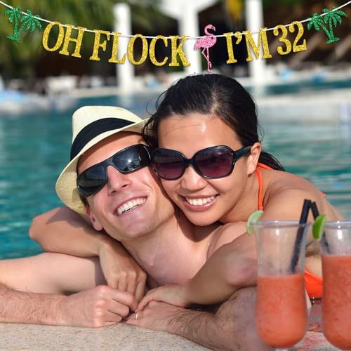 Image of Oh Flock I'm 32 Banner, Glitter Happy 32nd Birthday Anniversary Party Decorations, Pineapple Party Decor, Hawaiian Luau Tropical Aloha 32 Theme Party Photo Props
