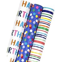 MAYPLUSS Birthday Wrapping Paper Roll - Mini Roll - 17 inch X 120 inch Per roll - Polka dots, Stripes Patterns (42.3 sq.ft.ttl)