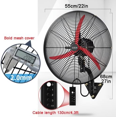 High Velocity Industrial Wall Fan, 26in Adjustable Height & Tilt, 3 Speed Heavy Duty Metal Oscillating Fan for Indoor/Outdoor Use, Wall Mountable, Powerful Air Circulation