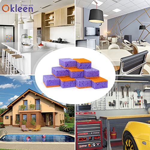 Image of Purple and Orange Multi Use Scrub Sponges. Made in Europe. 9 Pack, 4.3x2.8x1.4 inches. Heavy Duty & Non Scratch Fiber. Odorless Durable Delicate, Easy Washable Violet Scrubber