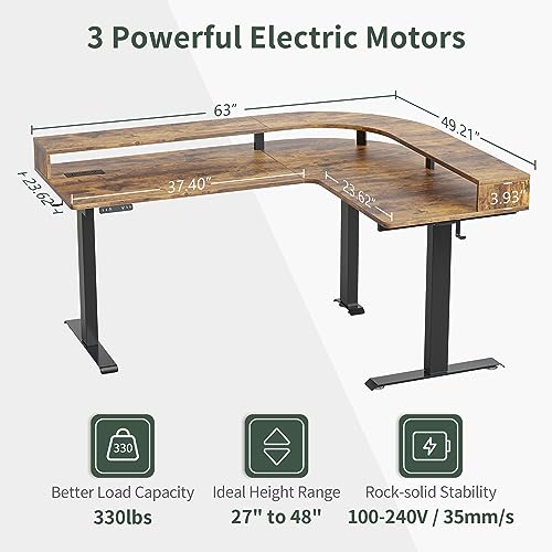 Image of FEZIBO L Shaped Standing Desk with Arc LED & Power Outlet, Exclusive Uprated 3 Motors Support 330LBS, Electric Height Adjustable L Shaped Desk with Large Monitor Stand, for Home Office, Rustic Brown