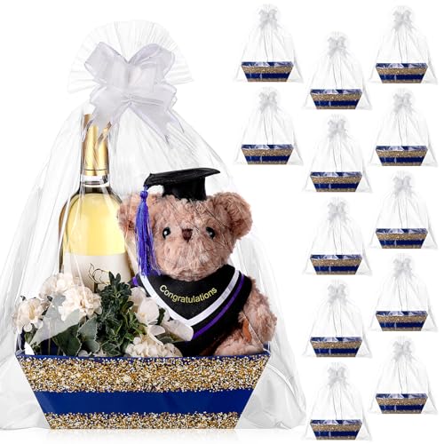 Image of Thenshop 44 Pcs Basket for Gifts Empty Gift Basket Bulk Include 12 Cardboard Tray 12 Plastic Bags and 20 Pull Bows for Christmas Fall Halloween Birthday Wedding Party DIY Wrapping(Golden Edge,Blue)