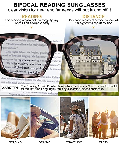 MARE AZZURO Bifocal Reading Sunglasses Women Trendy Large Square Readers Sunglasses 1.0 1.5 2.0 2.5 3.0 3.5 4.0 (Leopard, 3.00)3