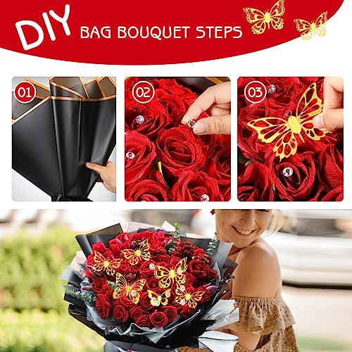 20 Sheets Flower Wrapping Bouquet Paper Floral Wrapping Paper Sheets with 48PCS 3D Gold Butterfly Decor 100 Pearl Pins 12.5 Yards Satin Ribbon for Wedding DIY Craft Mother\'s Day Birthday Party - Thumbnail 5