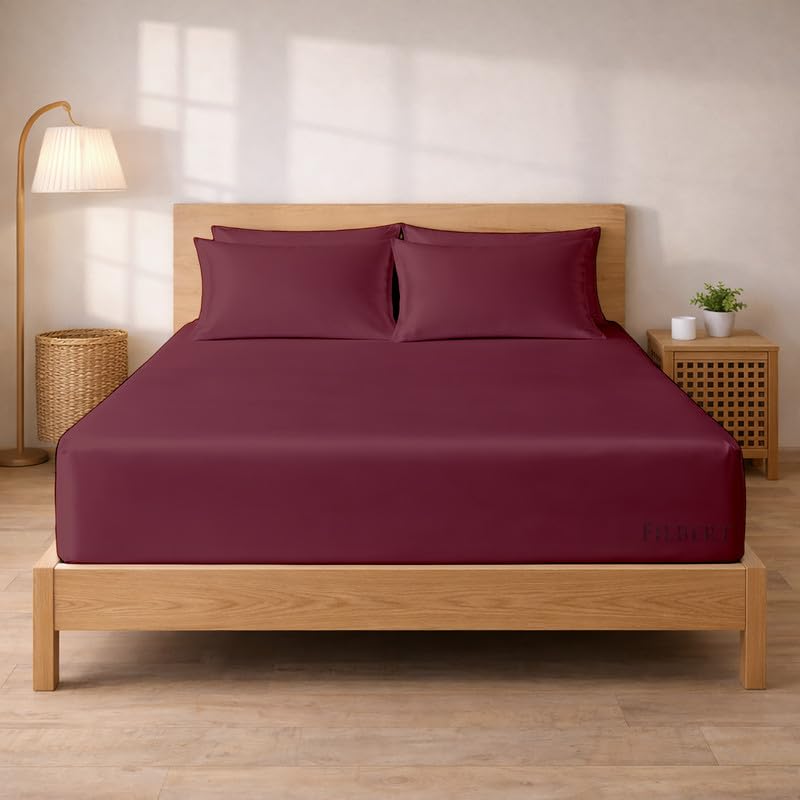 Image of Filbert - Premium Satin Fitted Bedsheet King Size (72x78 Inch) with 2 Pillow Covers | Hypoallergenic Breathable | Hair and Skin Friendly, Women Gift Choice|Royal Wine