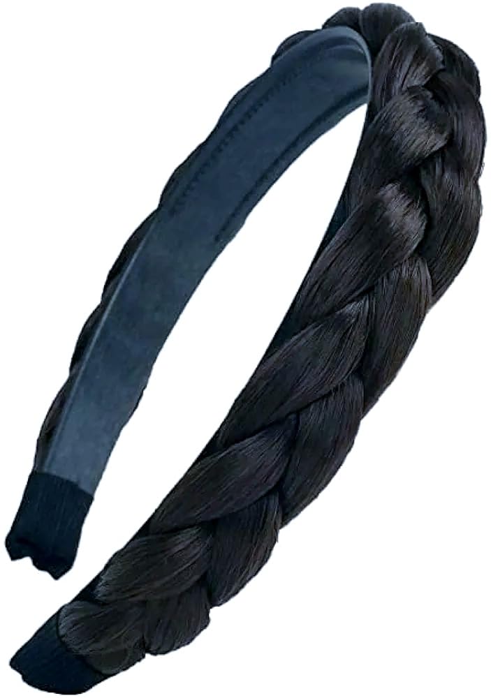 braided synthetic hair headband with teeth for women & girls | plaited hair band hoop | natural look hair accessories, braids wig band for daily & party (black, small)