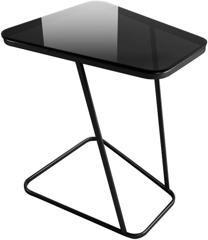 C-Shape End Small Glass Top Side Computer Tray Table for Sofa/Living Room/Bedroom, Black