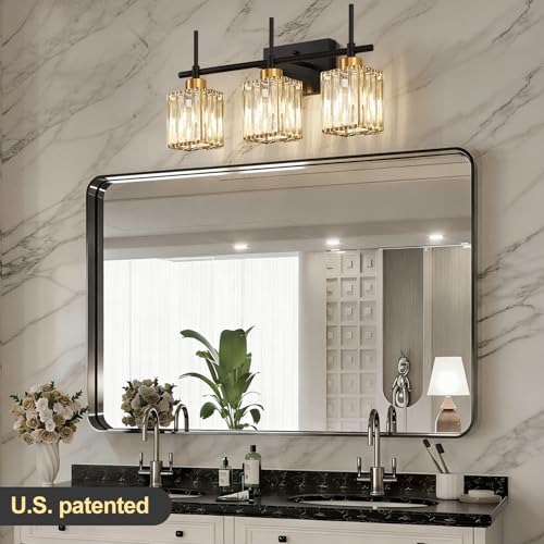 Image of Torondo Modern Crystal 3-Light Vanity Lights for Bathroom Gold Bathroom Lights Over Mirror Black and Gold Vanity Lighting Fixtures Square Shade Brass Wall Sconce (Bulbs Not Include)