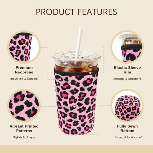 Image of Insulated Neoprene Cup Sleeve for Iced Coffee & Cold Soda - Reusable & Sweatproof, Keeps Drinks Cold Longer, Coffee Coolie for Hot & Iced Drinks (Pink Leopard Print, Large: 32oz)