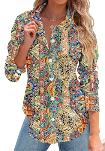 Rapbin Blouses for Women Casual Dressy Button Down Shirts Tops Boho Long Sleeve Trendy Work Outfits Paisley (Old Nation Print,XX-Large)