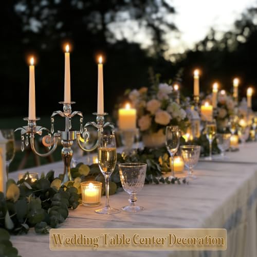 Image of Metal 3 Arm Taper Candlestick Stand with Crystal Pendants - 11.8 Inch Tall Candle Holders, Elegant Centerpieces Candelabra for Wedding, Dining Table, Christmas Party (6Pcs, Silver)