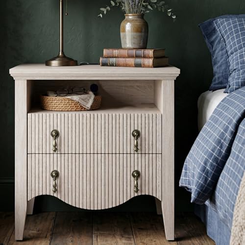 Image of FUSUNBAO Fluted Nightstand with Charging Station & 2 Drawers,Nature Oak | Vintage Bedside Table, 2 Fluted Drawers and Open Shelf, Rustic End Table, Power Outlet and USB Ports,End Table.bedroom