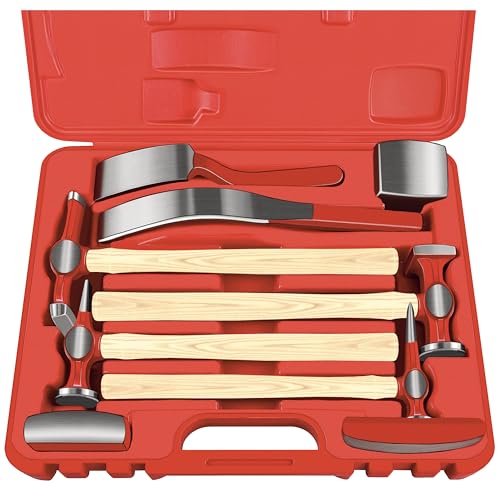 C&T 9 Piece Heavy Auto Body Repair Tool Hammer Dolly Set, Car Body Repair Tool Kit with Carrying Case, Hickory Handles,Fender Repair kit