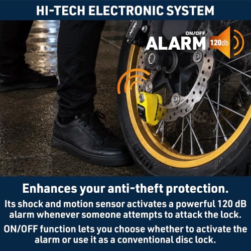 Image of Urban UR910Y Motorcycle Lock with /Without Alarm 120 dB, Yellow+Black Painted Stainless Steel +Deterrent, SRA & Sold Secure Gold Approved, Double Lock O10 mm, CR2 Battery, Wheel Disc Brake
