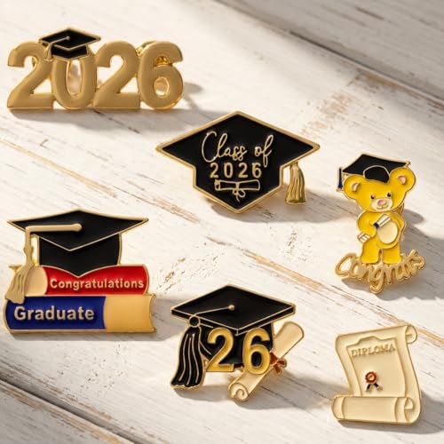 Image of Landical 6 Pcs 2026 Graduation Enamel Lapel Pins Bulk Class of 2026 Graduation Gifts Cap Souvenir Emblem Badges Diploma Design for High College Teacher School Student Accessories
