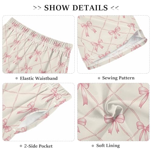 Pink Bow Rhombus Plaid Pattern Sleep Shorts Summer Pajama Shorts Elastic Waist Sleep Bottoms with Pockets 6-14 Years3